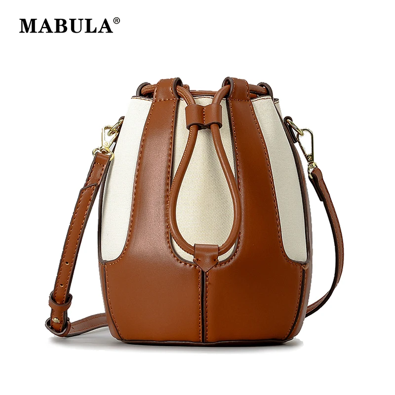 MABULA Women's Leather Patchwork Canvas Bucket Bag Designer Crossbody Bags Purses and Handbags Drawstring Daily Shoulder Bag