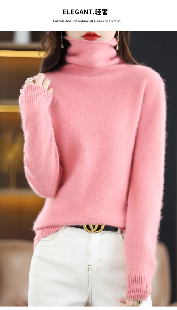 Autumn and Winter 2022 Women's High Neck Pullover 100% Pure Mink Cashmere Sweater Knitted Soft Fashion Women's Clothing