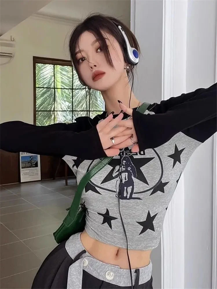 المرأة تي شيرت كم طويل ستار مطبوعة الخريف موضة سليم مثير المحاصيل القمم التباين موضة Y2k أنثى عادية تي شيرت #3