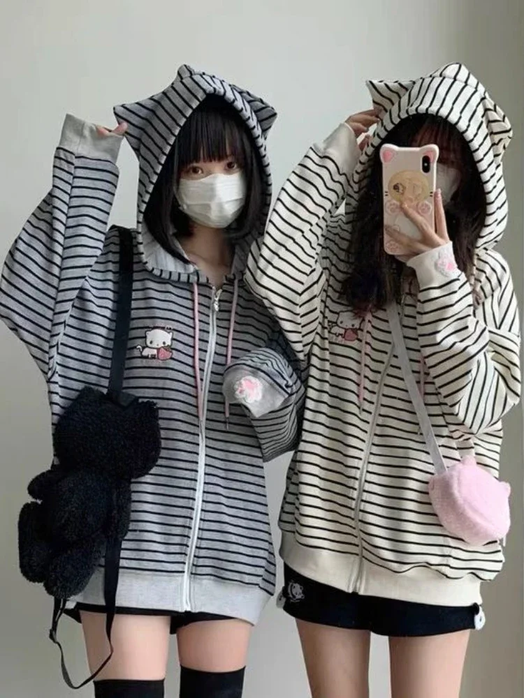 Japanese Casual Stripe Ear Hoodies Women Y2k Aesthetic Kawaii Loose Hoody Embroidery Cartoon Grunge Zipper Sweatshirt Kawaii