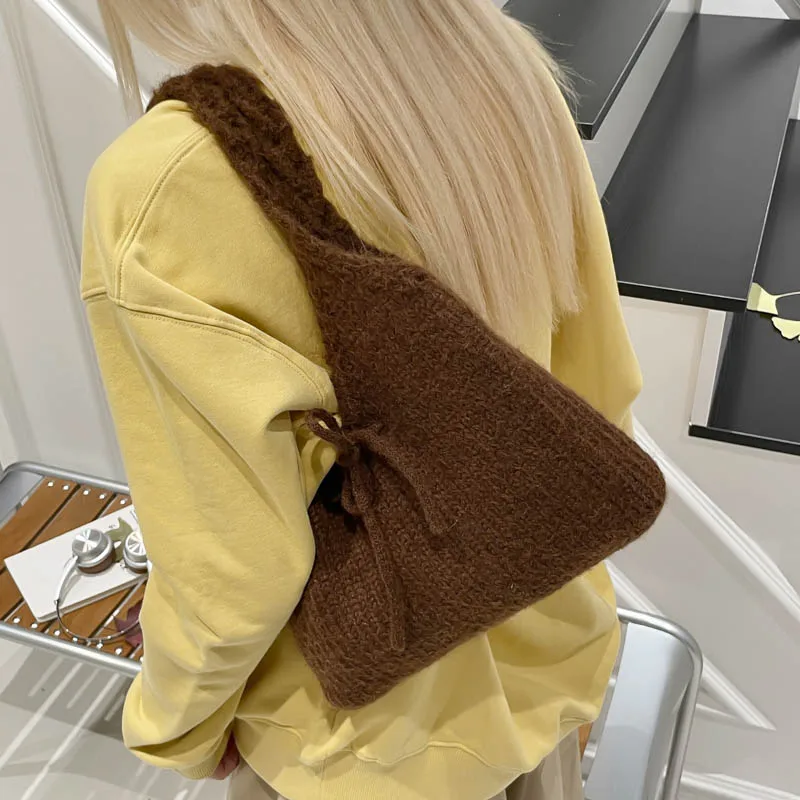 Women's Knitted Tote Bag Black V-Neck Shoulder Bag with Bowknot Twisted Handles Soft Cloud Bag for Fall Winter
