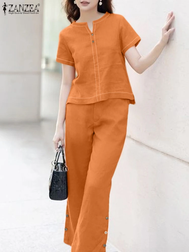 

ZANZEA Casual Everyday 2pcs Outfits Short Sleeve Tops Holiday 2024 Summer Women Pant Sets Solid Flared Trouser Commute Tracksuit