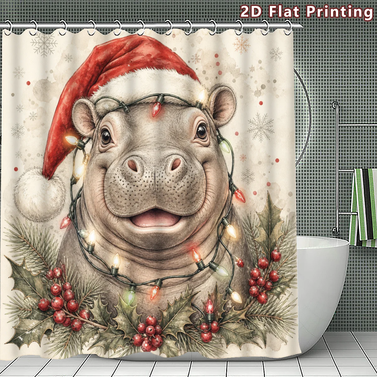 Cute Hippo Christmas Lights Shower Curtain Festive Holiday Bathroom Decor Xmas Scene ,Rod Pocket Blackout Curtains Bedroom