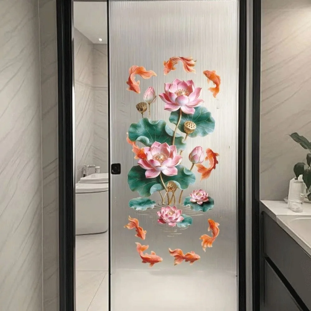 Anti Static Flower Koi Sticker Waterproof Semi Transparent Golden Lotus Wall Sticker 3D Effect PVC Window Decoration Sticker