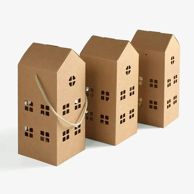 10pcs house shape pure color simple Kraft paper boxes for nougat candy box for birthday wedding party favors decoration box