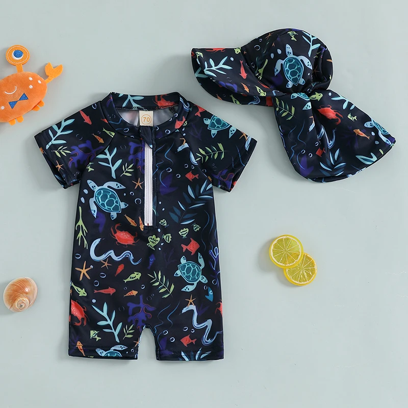 Toddler Boys Swimsuits with Hat 2 Pcs Set Rash Guard Turtle Water Plant Zip Up Short Sleeve Crew Neck Baby Boys Swimwears