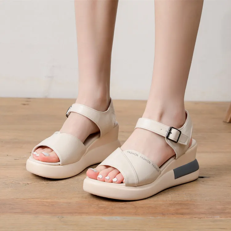 

Summer 2023 Women's British Style Thick Heel Sandals High Heels Fish Mouth Slope Heel Strap Shoes Casual PU Leather Footwear