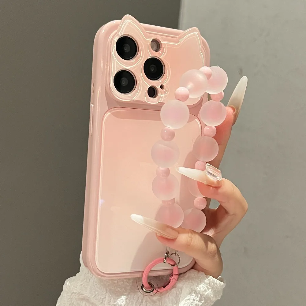 Lanyard Strap Gradient Candy Color Phone Case for iPhone 17 16 15 14 13 Pro Max Wrist Strap Cute Cat Ear Lens Protection Cover