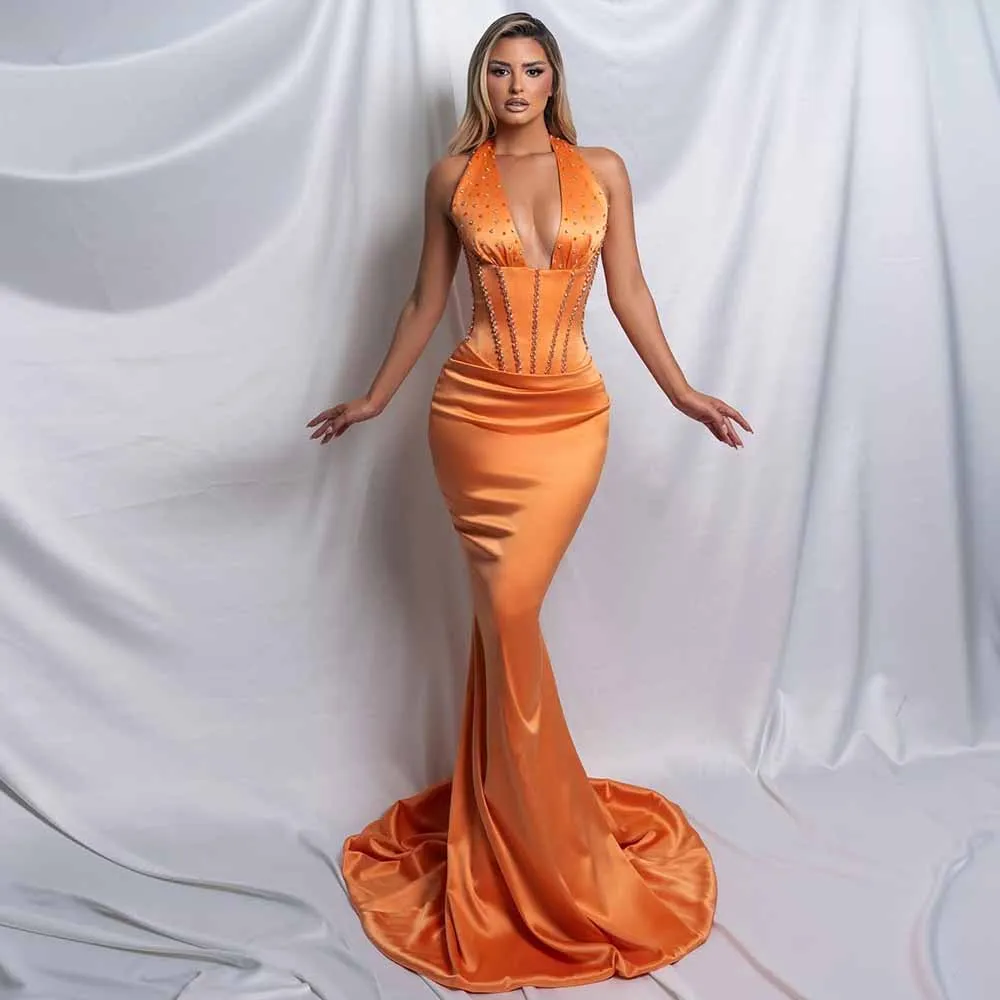 

Sexy Evening Dresses 2025 Satin Mermaid/Trumpet Valentine's Day Dress Orange Halter Rhinestones/Crystals Beads Prom Dresses Long