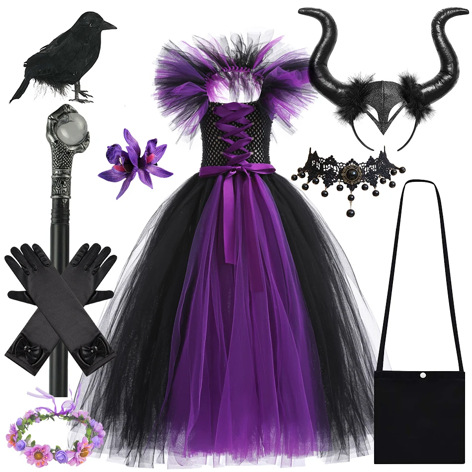 Girls Witch Dresses Evil Queen Halloween Cosplay Theme Party Costume Tutu Ruffles Princess Clothing Kids Fancy Dress Up Outfits