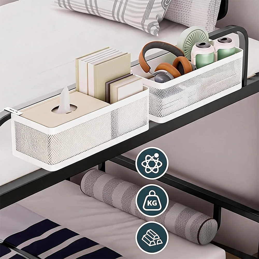 Cesto portaoggetti sospeso in rete metallica bianca, con installazione senza attrezzi, ideale come scaffale salvaspazio per l’organizzazione del comodino, adatto per dormitori, camere da letto,