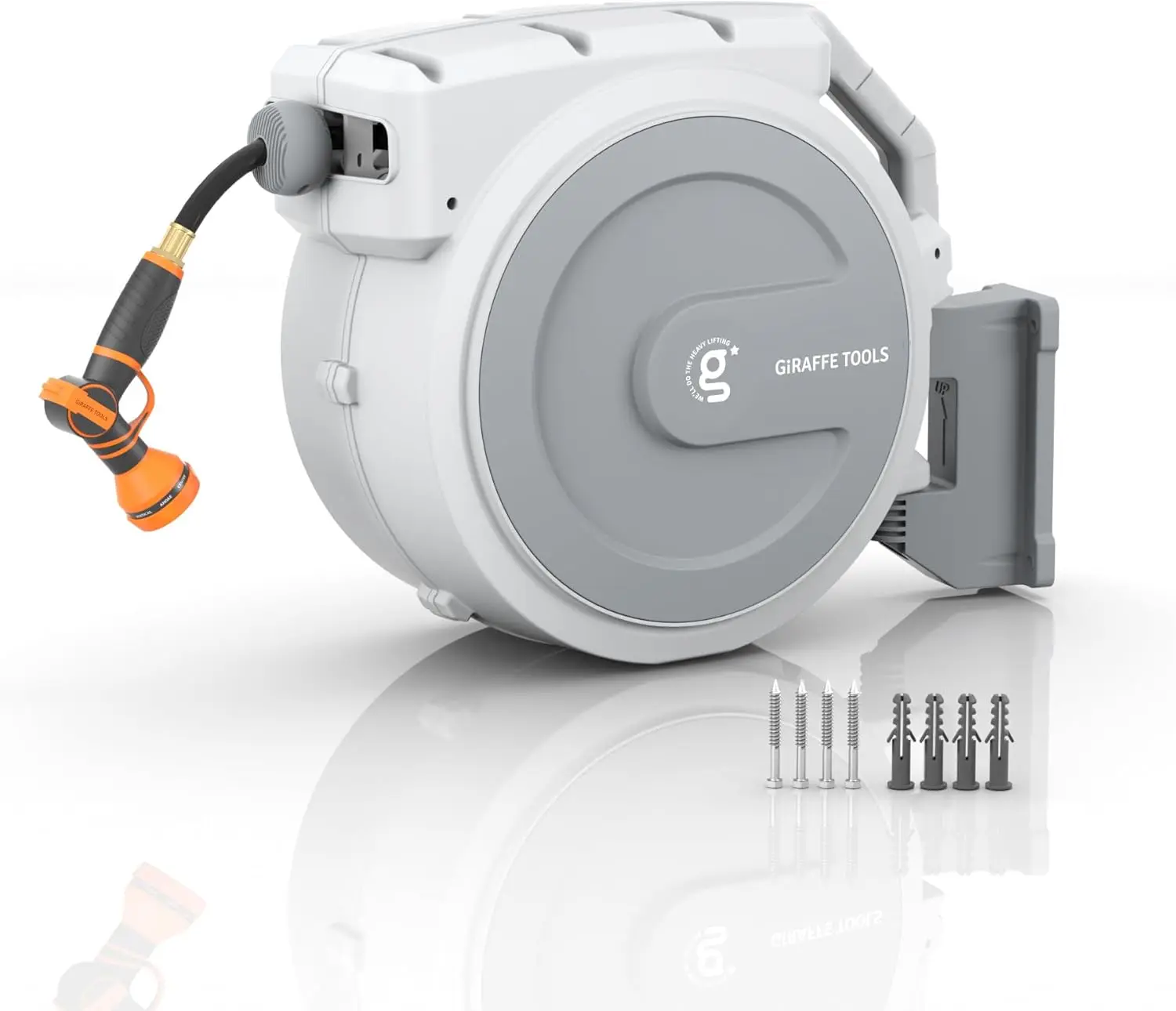 

Выдвижная катушка для садового шланга, 5/8 дюйма x 90 футов, усиленная, с насадкой на 9 режимов, настенное крепление, светло-серый цвет