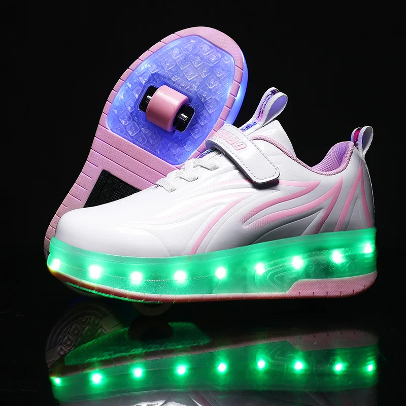 USB Charging Children Roller Skate Casual Shoes Boys Girl Automatic Jazzy LED Lighted Flashing Kids Glowing Sneakers with Wheels