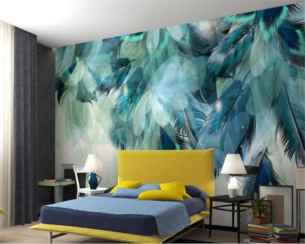 Customized size wallpaper high-definition White gold colored feather wall sticker living room home decor blue feather painting