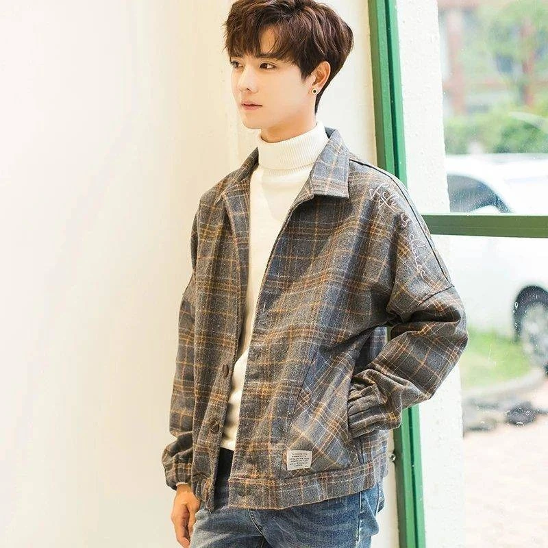 

Мужская повседневная клетчатая шерстяная куртка, весенне-осенняя модная корейская модная куртка для студентов, верхняя одежда в стиле бейсбола в стиле Харадзюку