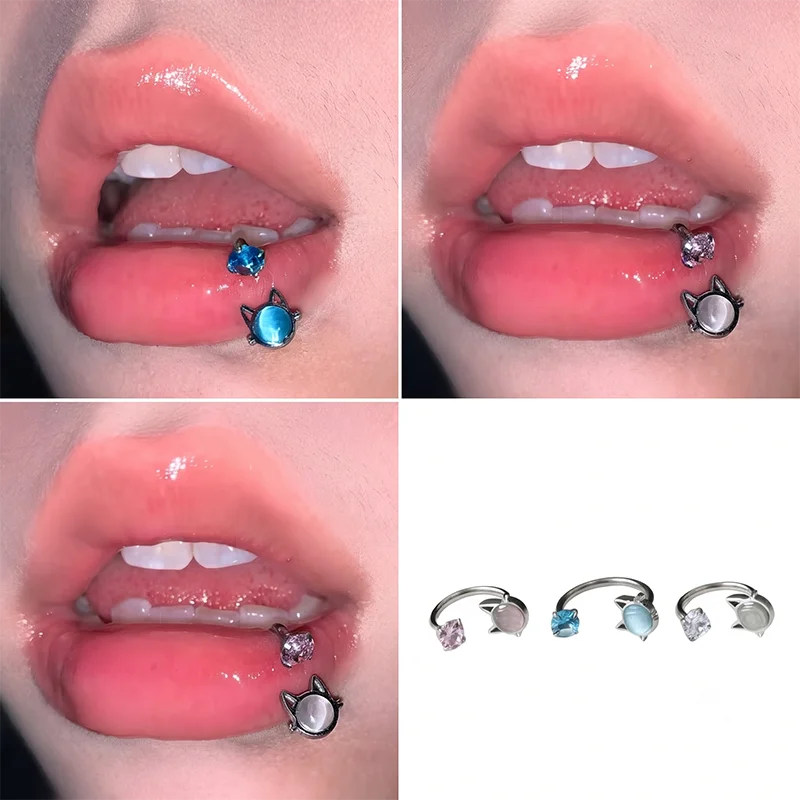 Fashionable Titanium Steel Cat Eye Stone 8/10/12mm Super Flash Inlaid Zircon Internal Thread Lip Stud Piercing Jewelry