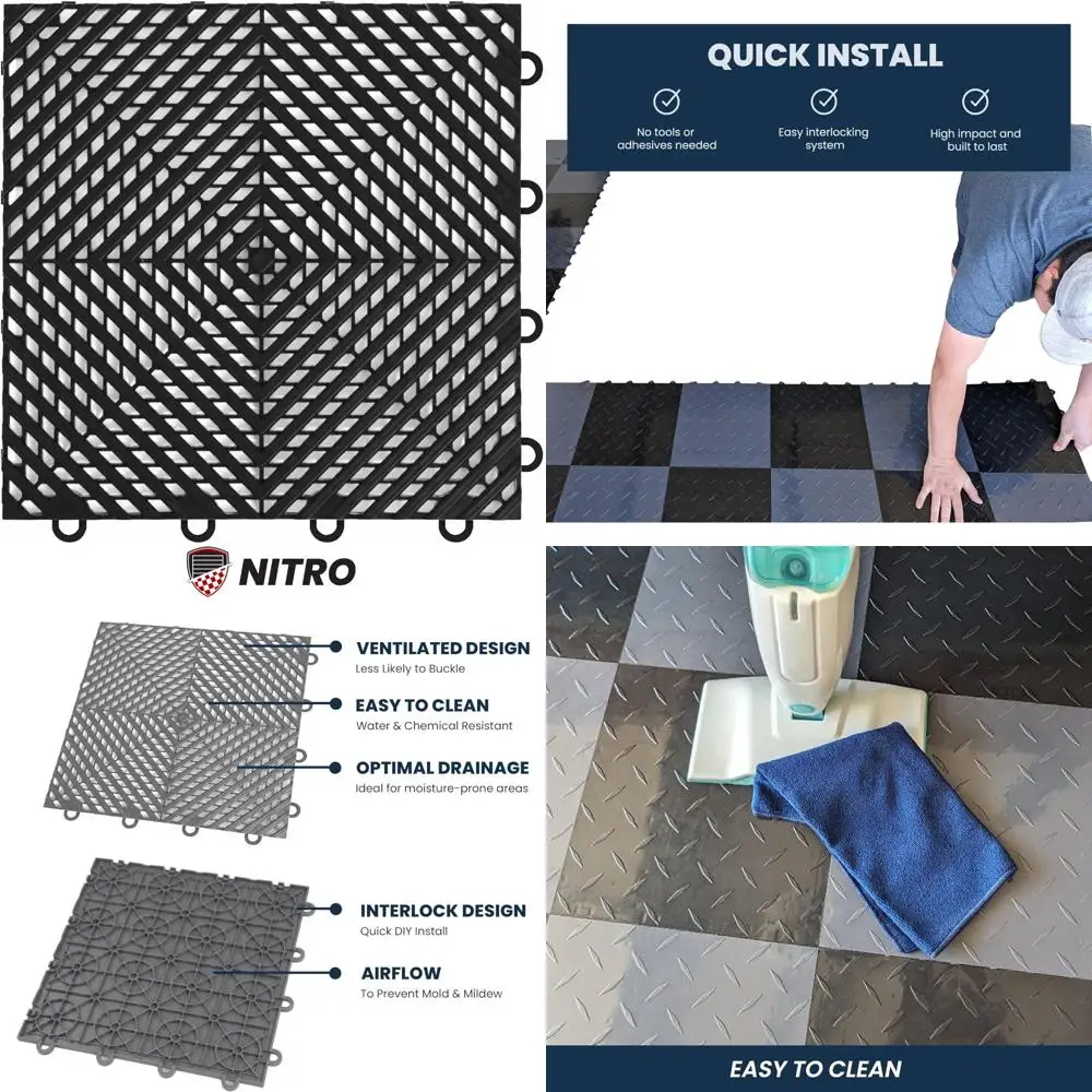 Azulejos de plástico entrelazados antideslizantes para piso de garaje, 12x12 pulgadas, diseño ventilado, negro medianoche, paquete de 24, fácil instalación a presión