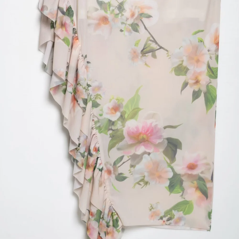 Vestido assimétrico com estampa decorativa em camadas e um pescoço, sem mangas, costas nuas, renda, novo vestido de moda feminina de verão