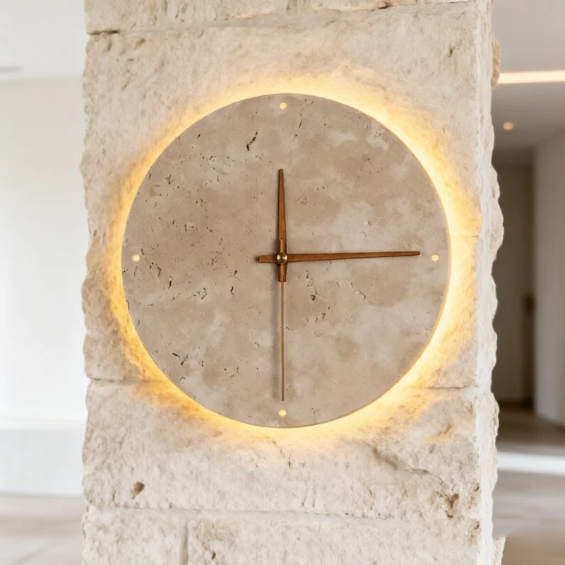 Wabi Sabi Creative Travertine Clock Wall Lamp Led Living Room Nordic Hotel Restaurant Corridor Circular Yellow Sconce Light