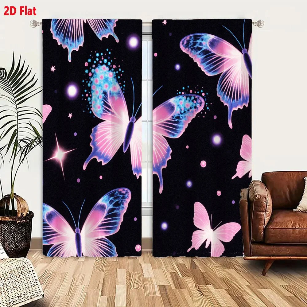 2Pcs Curtains 2D Flat Seamless Pattern Black Background With Stylized Pink And Blue Butterflies Iridescent Wings Star - Like Sha
