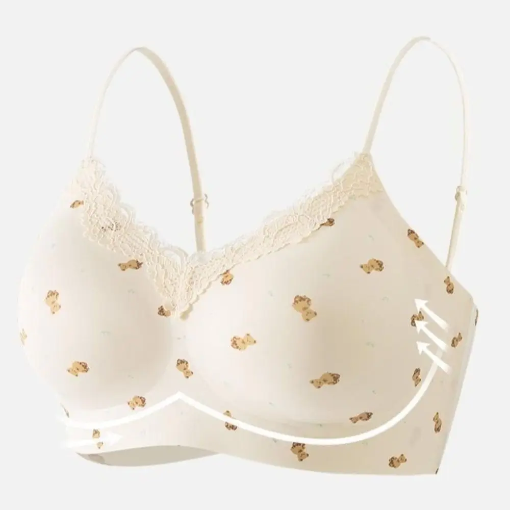 Traceless Deep V Bra Korean Lace Wireless Bra Polka Dot Grid Pattern Cartoon Rabbit Bear Push Up Underwear Lingerie