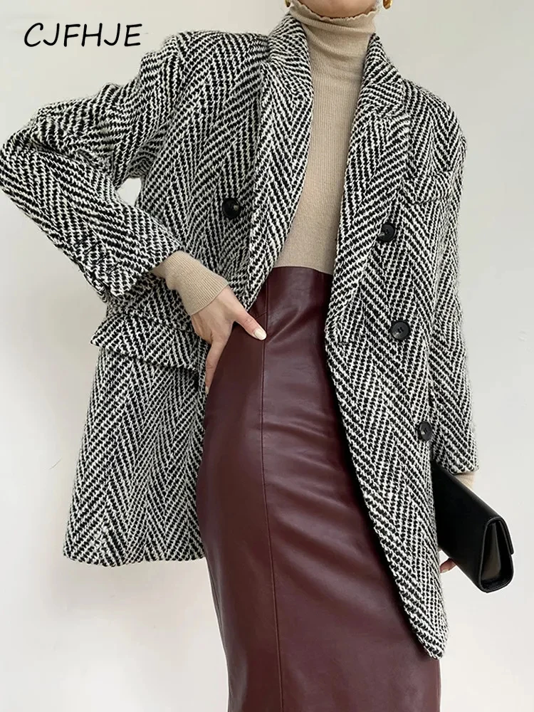 CJFHJE Vintage Thicken Lapel Ladies Blend Jackets Autumn Winter Striped Woolen Blazer Female Double Breasted Women Woolen Coat