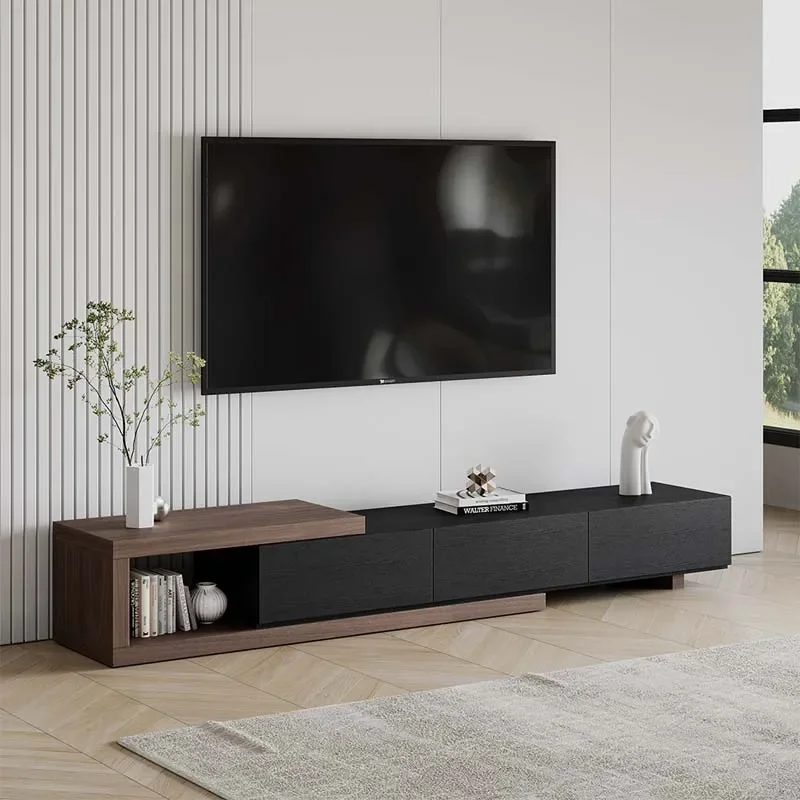 

Retractable Wood TV Stand With 3 Drawers Open Storage Walnut And Black