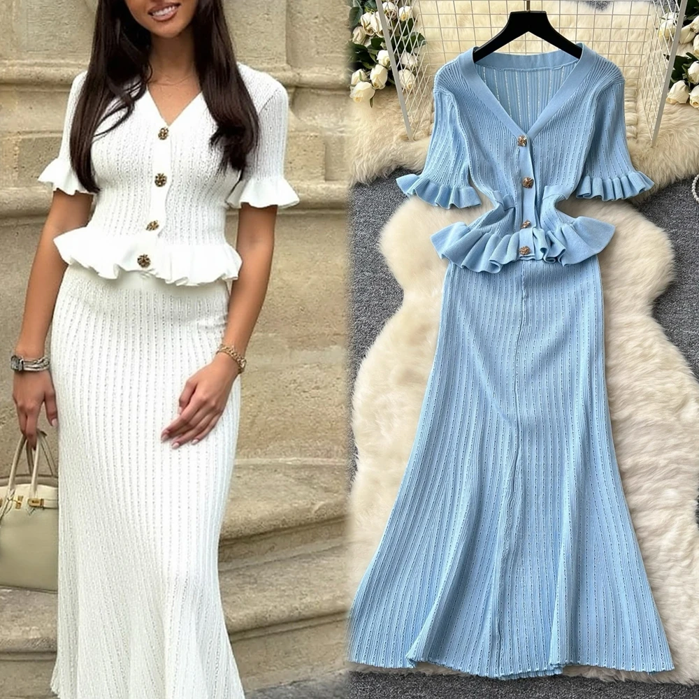 

YuooMuoo 2026 Новинка: Женское цельное вязаное платье макси с V-образным вырезом, элегантное, приталенное, облегающее, в корейском стиле, для вечеринок