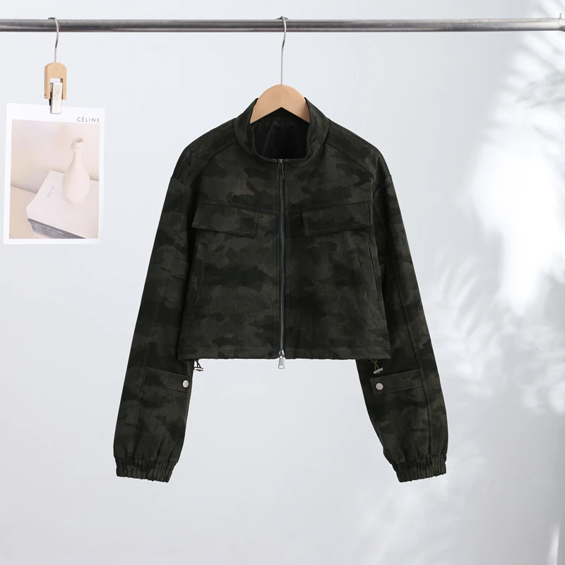 Women Camo Print Hooded Zipper Jacket Elastic Cuff Jacket Cropped Short Length Loose Puffer Winter Warm Winter Street Jackets