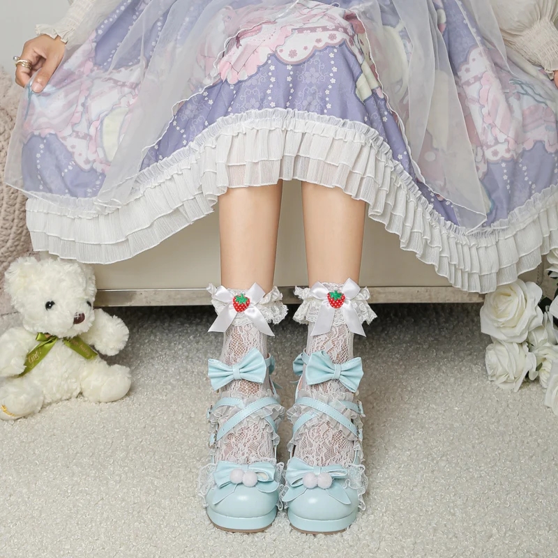 Sweet Lolita Japanese Fluff Ball Bow Jk Cute Cross Strap tacco alto scarpe da studente testa tonda Kawaii Girl Tea Party Cos Loli Pumps