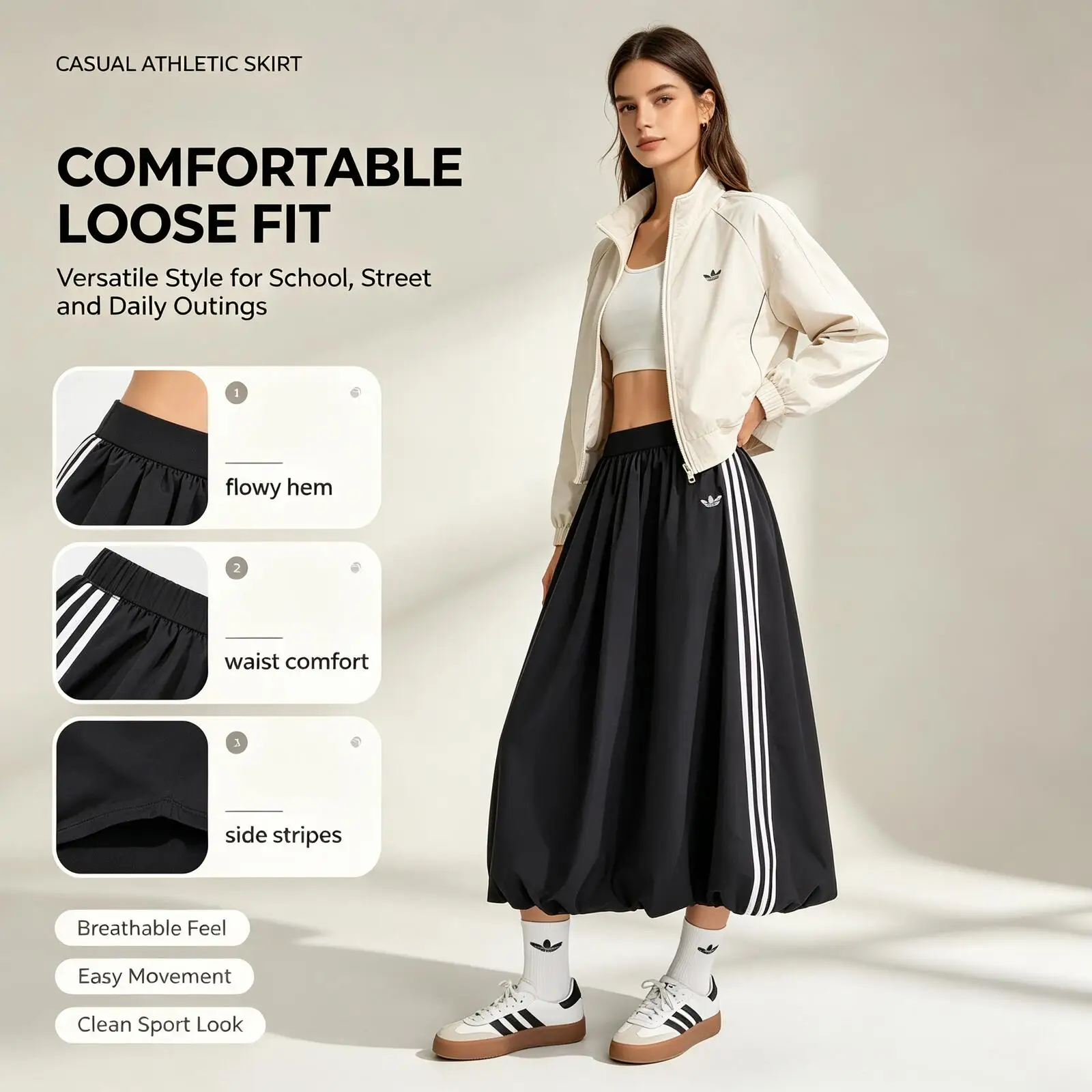 New Adidas Originals Sporty Midi Skirt Loose Fit Casual Streetwear Skirt with Side Stripes Comfortable Elastic Waist Skirt