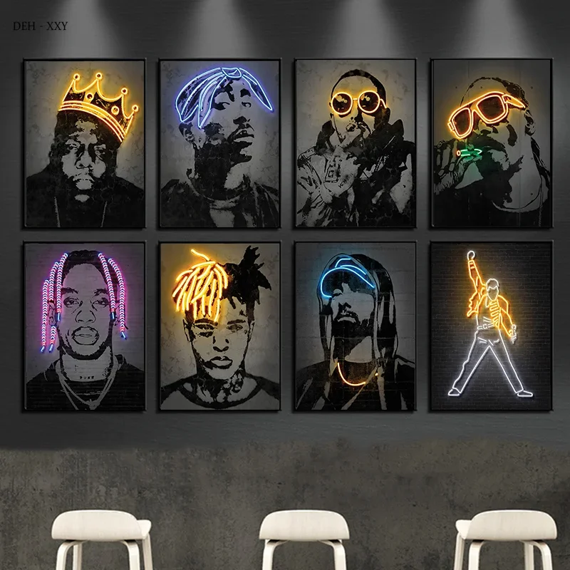 (2D Canvas painting) Abstract Neon Design Rapper Star Posters 2Pac Hip Hop Singers Wall Art Pictures Graffiti Canvas Painting