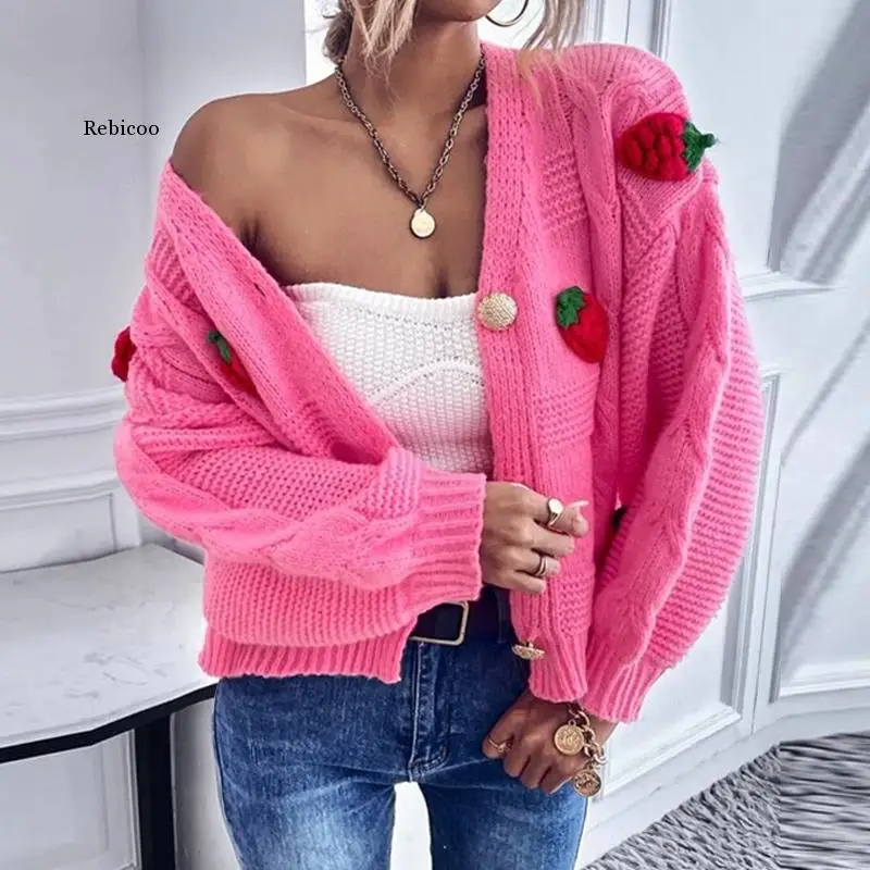 Women Elegant trawberry Print Sweater Cardigan Autumn Winter Casual Loose Ribbed Cardigan Fashion Long Sleeve Button Jumper Coat