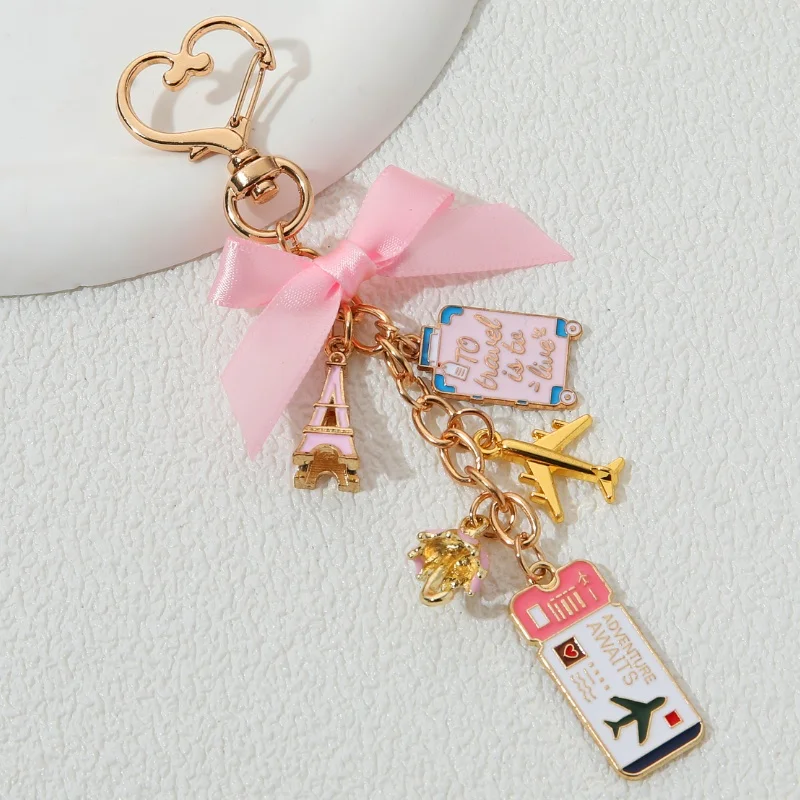 Pink Ticket Luggage Plane Eiffel Tower in Paris Enamel Keychain Love Romantic Key Ring For Women Girls Travel Enthusiasts Gift