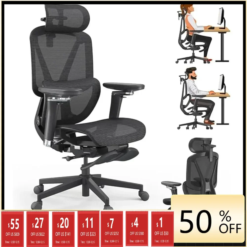 

Ergonomic High Back Desk Chair with Large Elastic Adaptive Lumbar Support with Retractable Footrest 3D Headrest ARSS Armrest