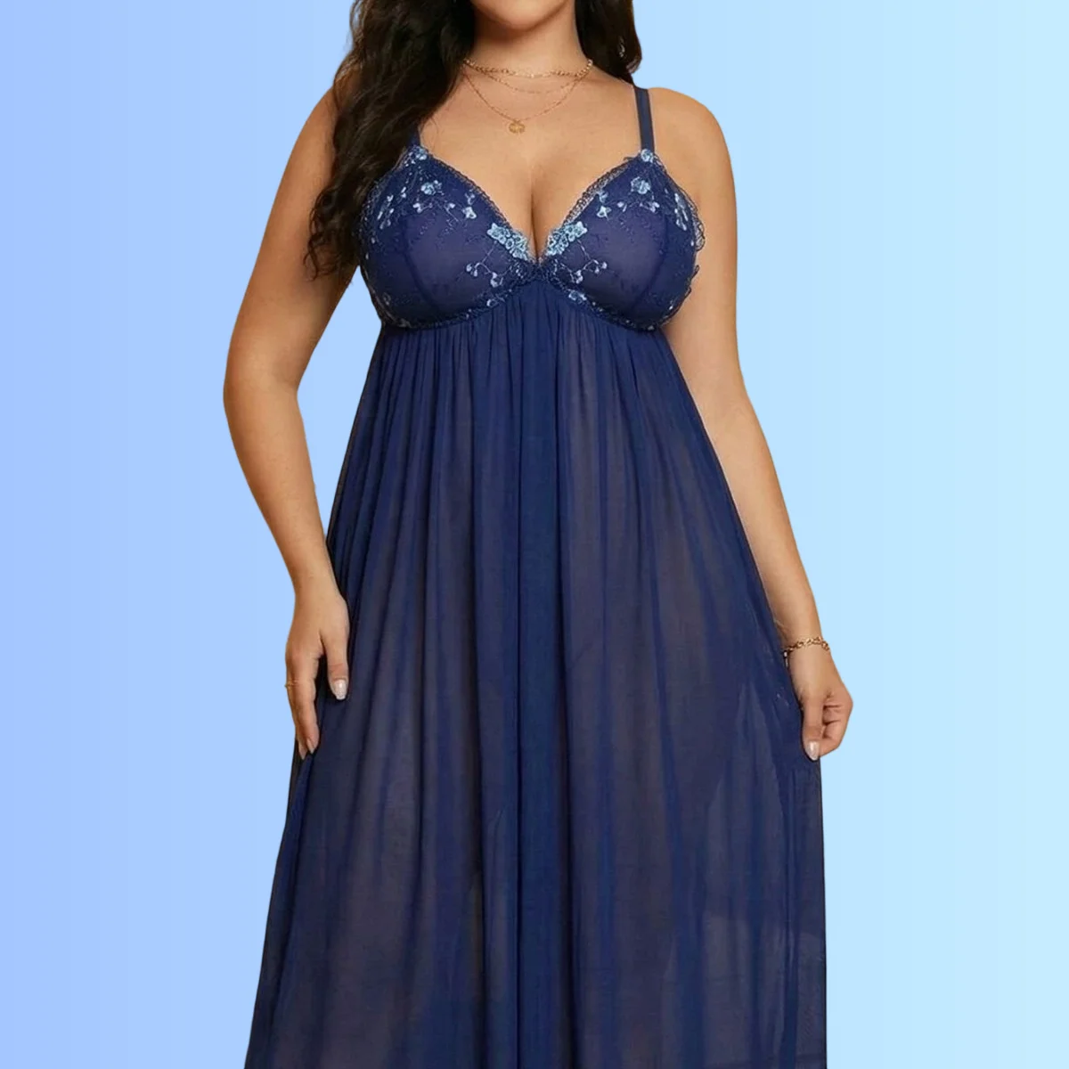 

Plus Size Navy Blue Floral Embroidery Sheer Mesh Nightgown Split Hem Slip Dress Chemise For Honeymoon Valentines Day