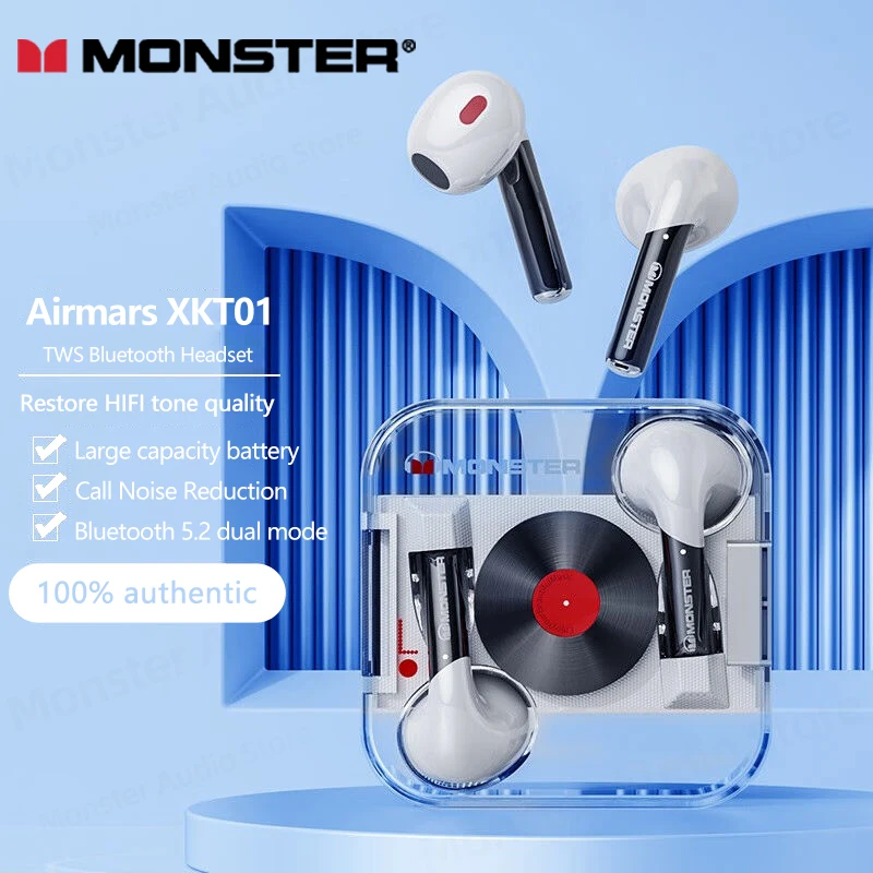 Monster XKT01 Low Latency Wireless Bluetooth V5.2 Headset Gaming Headphones HD Call HiFi Music Earbuds Stereo In-Ear Headset