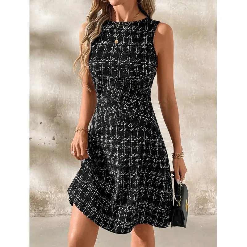 Office Lady Dress 2025 Spring And Summer Striped Plaid Round Neck Sleeveless Color-blocking Waist Pleated Midi Dresses For Women