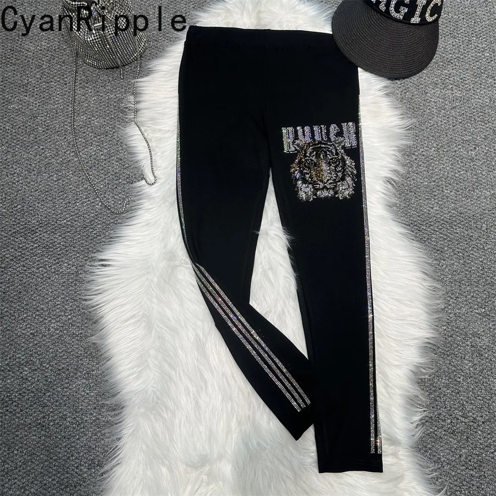Fashion Lady New Spring Autumn Stretch High Waist Ankle-length Skinny Leggings Tiger Vertical Stripes Hot Diamonds Sports Pants