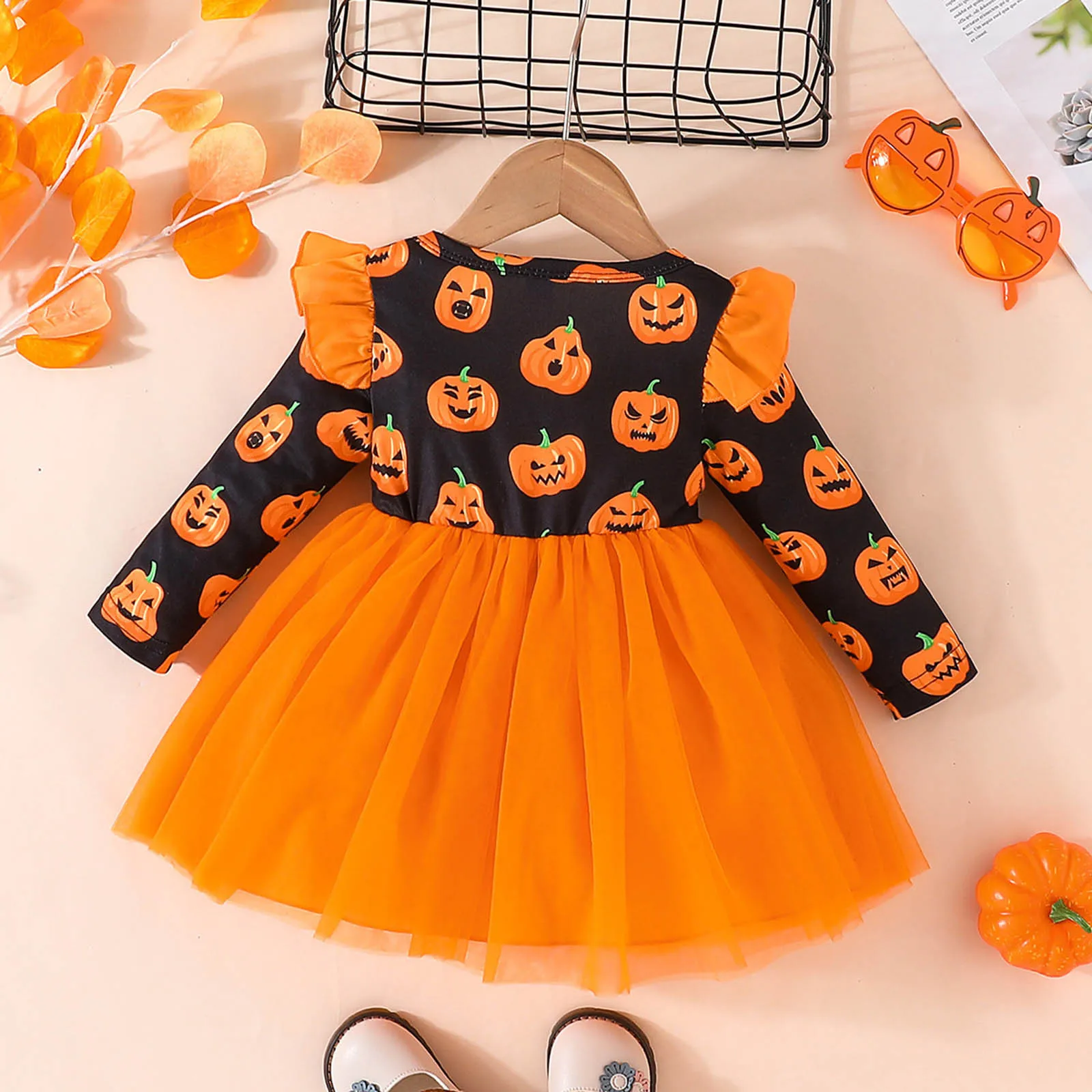 2023 Halloween Toddler Newborn Infant Kid Baby Girl Dresses Cute Pumpkin Bow Tulle Halloween Party Dress For Girls 1 2 3 4 Years