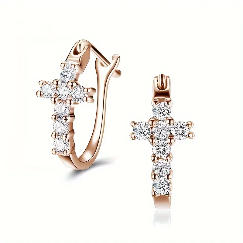 Simple cross design circle earrings, copper jewelry, zircon inlay, elegant casual style, personalized women's earrings