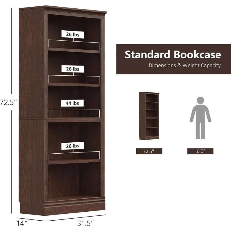 Bookshelves and Bookcase Floor Standing 5 Tier Adjustable Shelves Organizer and Storage, 72in Tall Bookshelf for Home Office