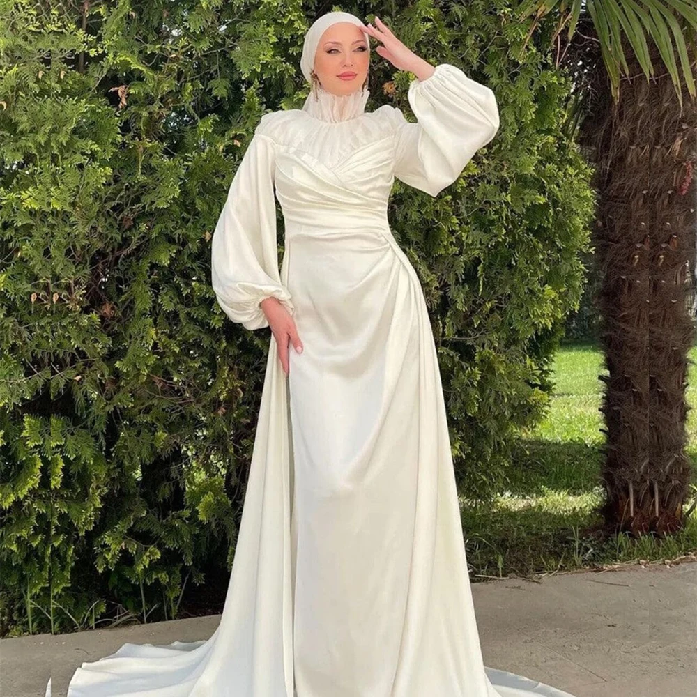 Luxury Muslim White Evening Dress Long Sleeve High Neck Chapel Train Wedding Dresses For Elegant Women Pelat Satin Formal Gown