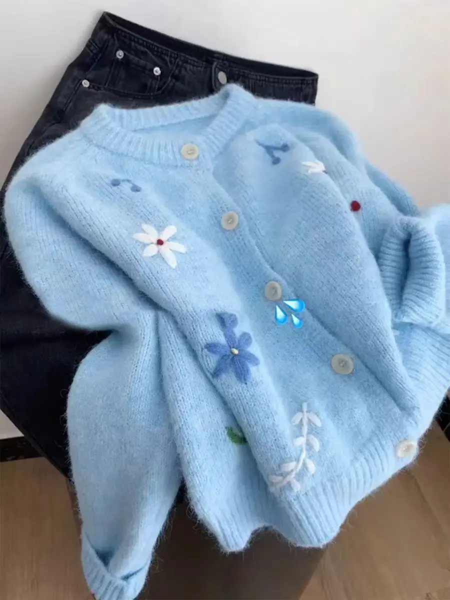 

Винтажный элегантный кардиган с 3D цветком, вязаный свитер, женский повседневный милый трикотаж с длинными рукавами и круглым вырезом, куртка во французском стиле, осенняя новинка