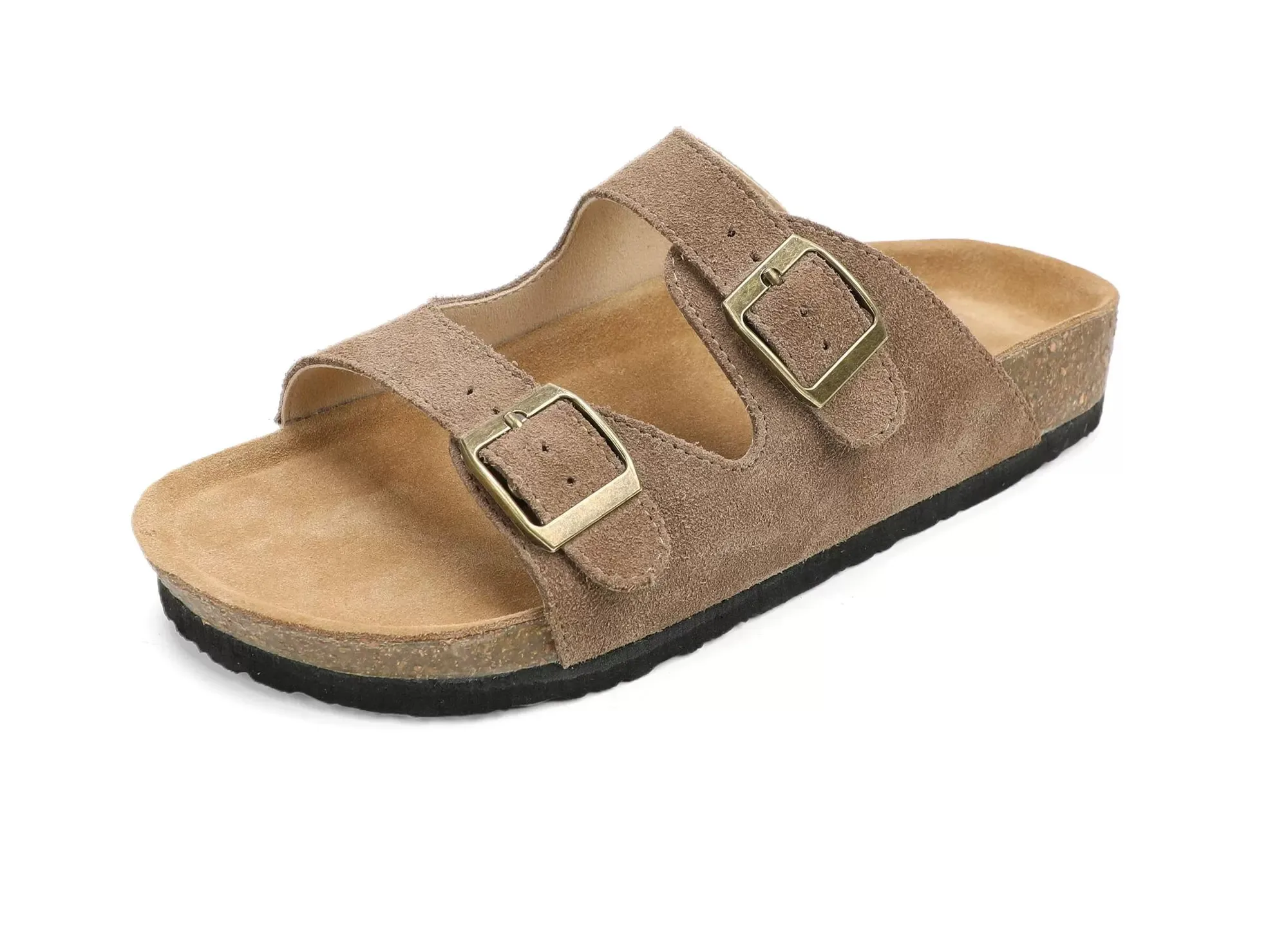 Genuine Suede Cork Footbed Sandals Women Men Double Buckle Slides Adjustable Summer Casual Beach Slippers Comfort ShoesGenuine S