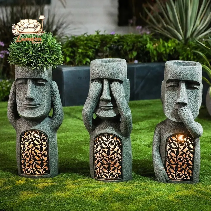 Small courtyard decorative ornaments Outdoor Easter Island Moai handicrafts, garden balcony courtyard stone man garden land
