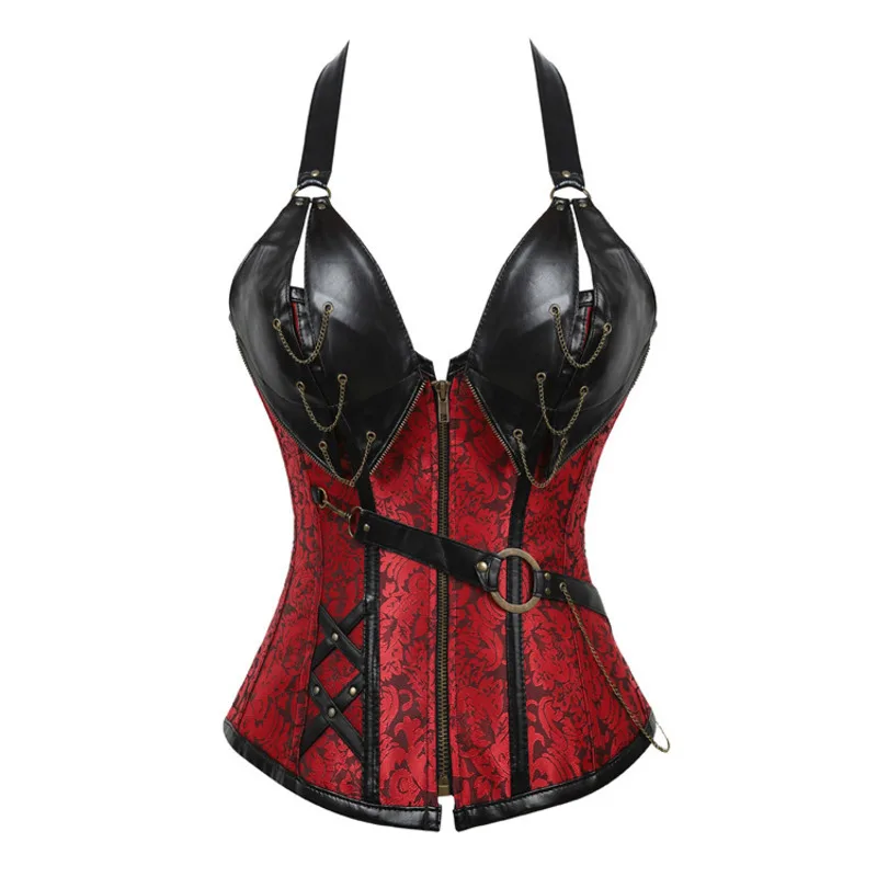 

Corset Steampunk Body Bustier Steel Boned Women Lace Up Overbust Waist Cincher Tight Fitting with Belt Hanging Neck Shapewear