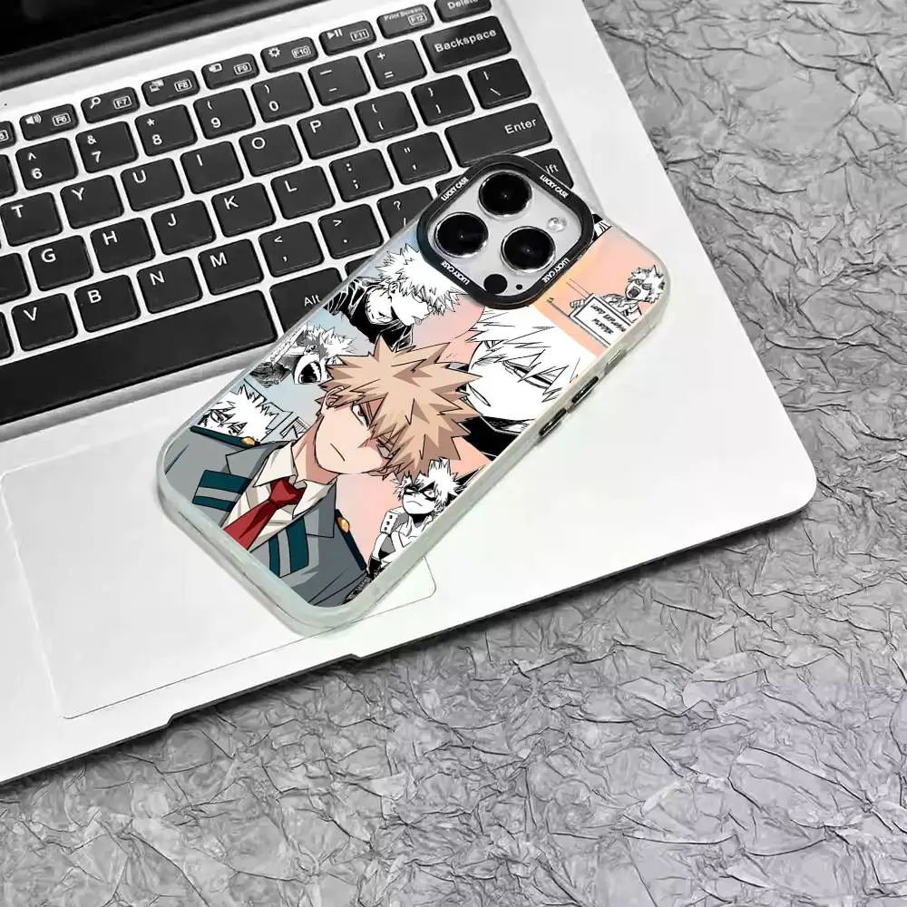 1pc Anime Bakugo Katsuki Telefon Fall Laser IMD Farbe Silber Shell Für IPhone 17 16 15 14 13 12 11 Air Pro Max Plus
