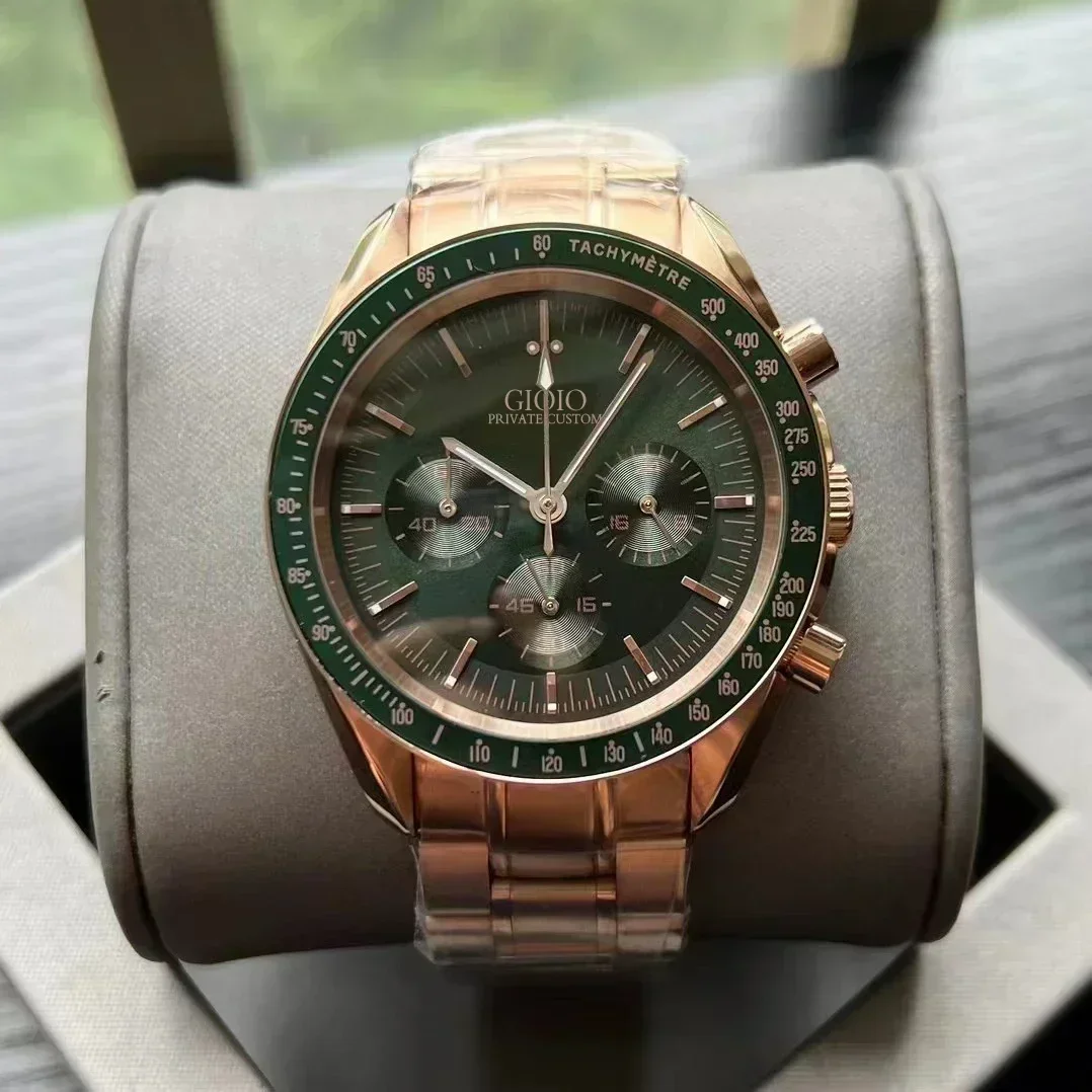 Reloj de cuarzo de lujo para hombre, cronógrafo con movimiento VK63, de acero inoxidable, color verde, dorado y rosa, 2023