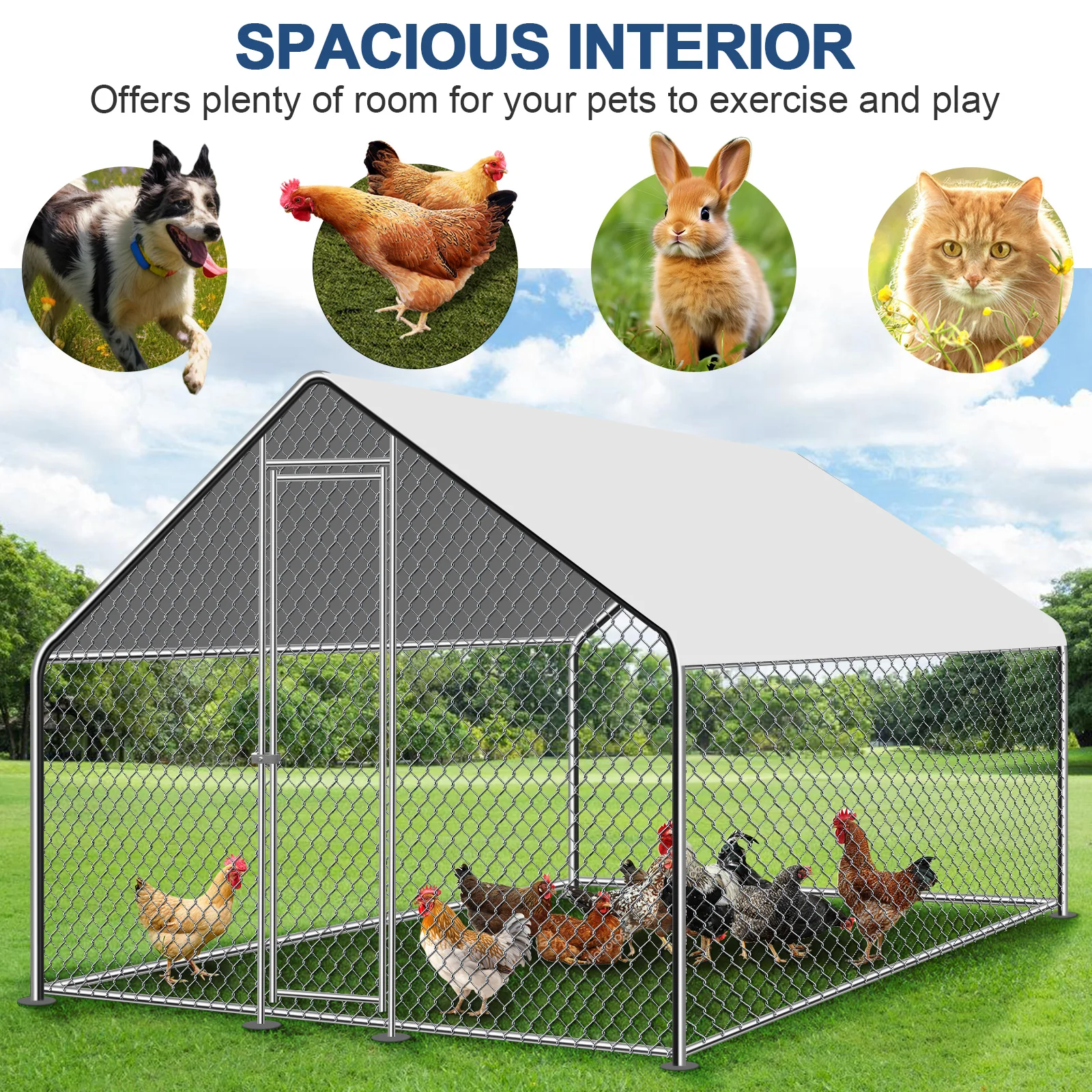 10/13/20ft Large Metal Chicken Coop Walk-In Run with Peaked Roof, Outdoor Poultry Cage Hen House for Farm Backyard